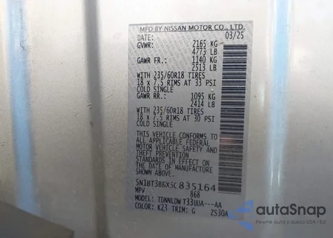 2025 Nissan Rogue Sv Intelligent Awd z USA, uszkodzony, nr VIN 5N1BT3BBXSC835164